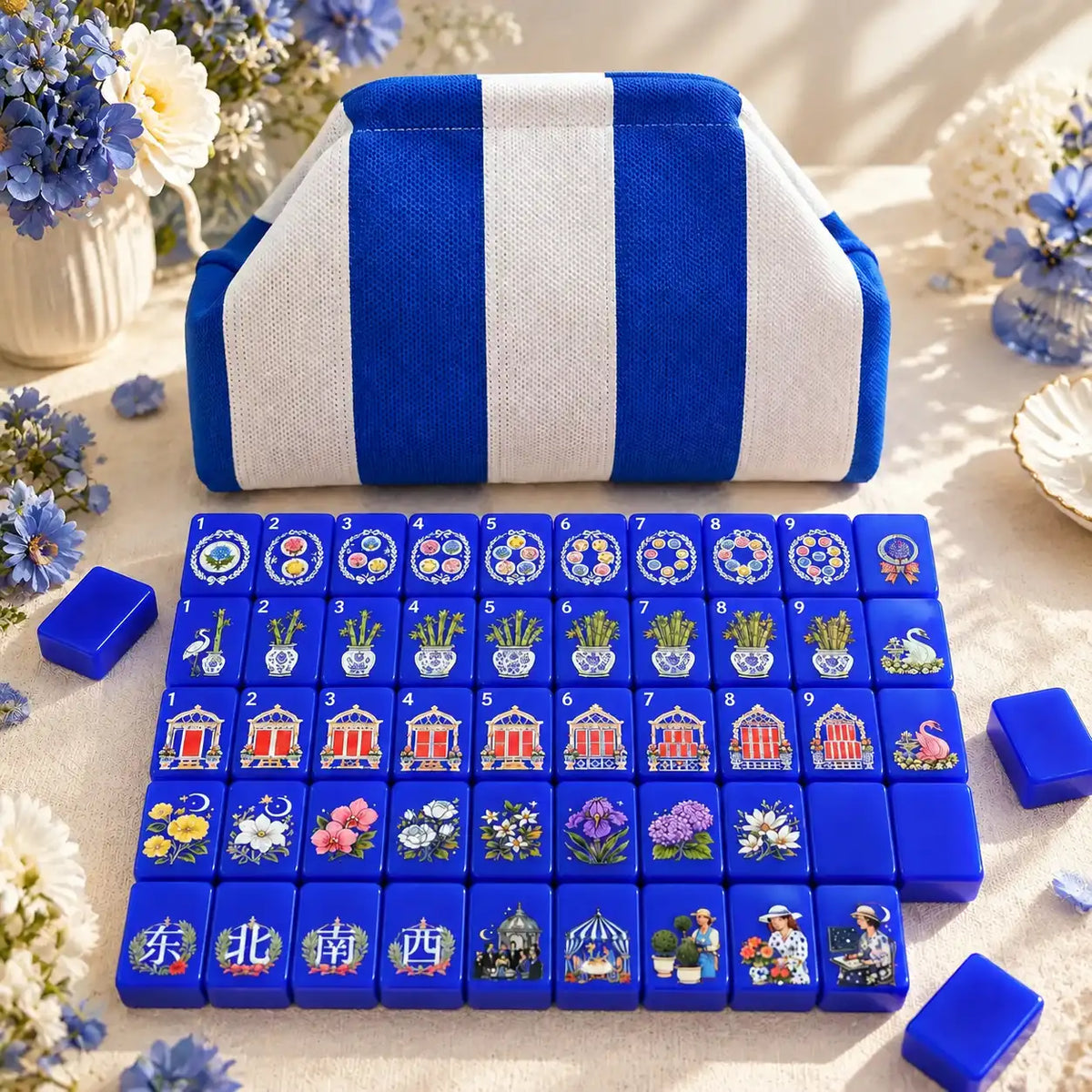 Mahjong Set, American with Royal Blue Acrylic Tiles, Decorative Home Game for Family Night, Birthday and Christmas Gift for Mom