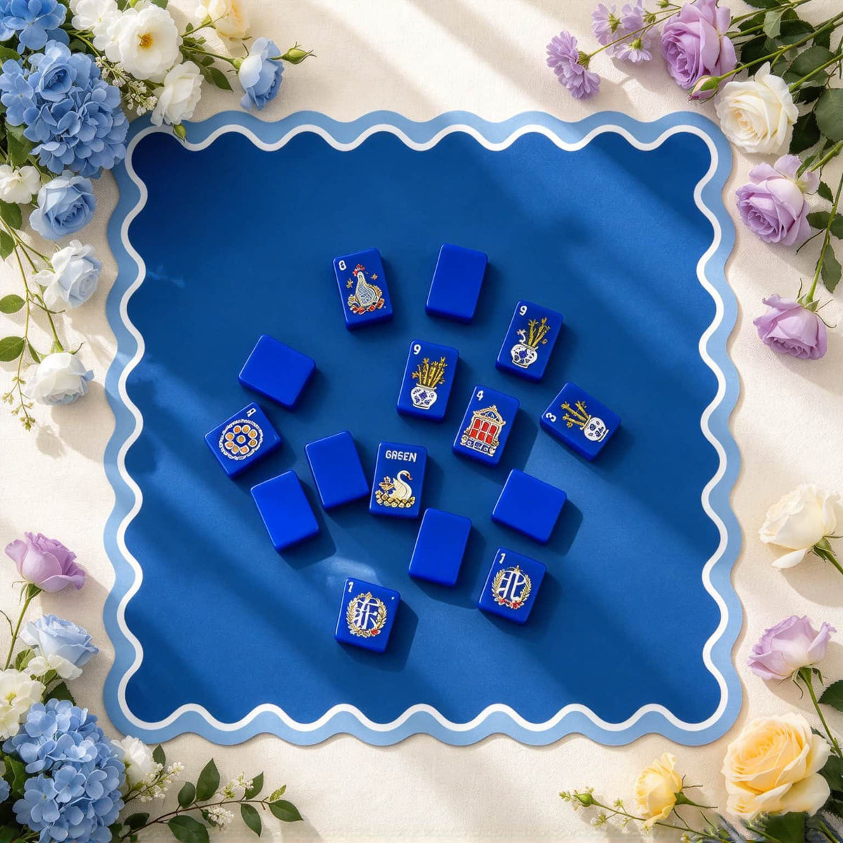 Mahjong Set, American with Royal Blue Acrylic Tiles, Decorative Home Game for Family Night, Birthday and Christmas Gift for Mom