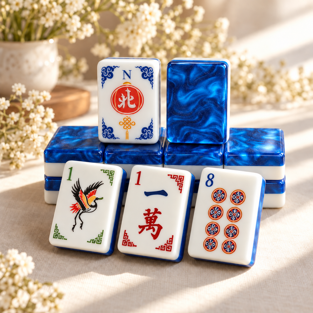 Mahjong Set, Blue Flame Acrylic Mahjong Tiles for Game Night, Christmas Mahjong Gift, Birthday Gift, Mahjong Gift For Friend