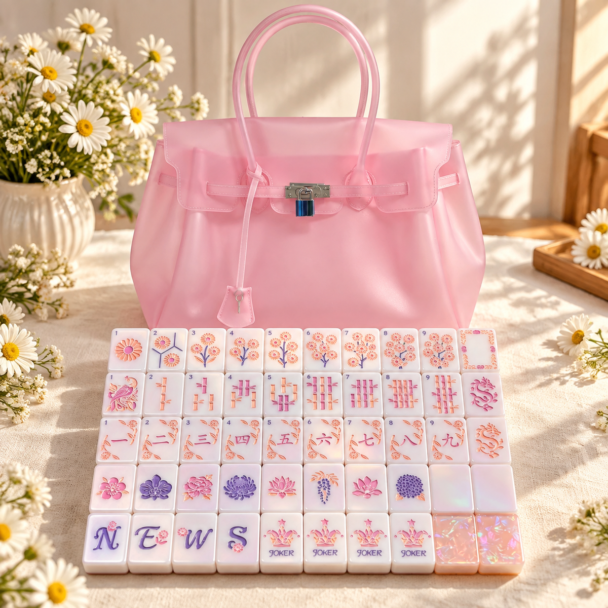 Mahjong Set, Pink Mother-of-Pearl American Tile Set for Game Night, Birthday Gift for Women, Christmas Party Game, Mahjong Gift For Wife