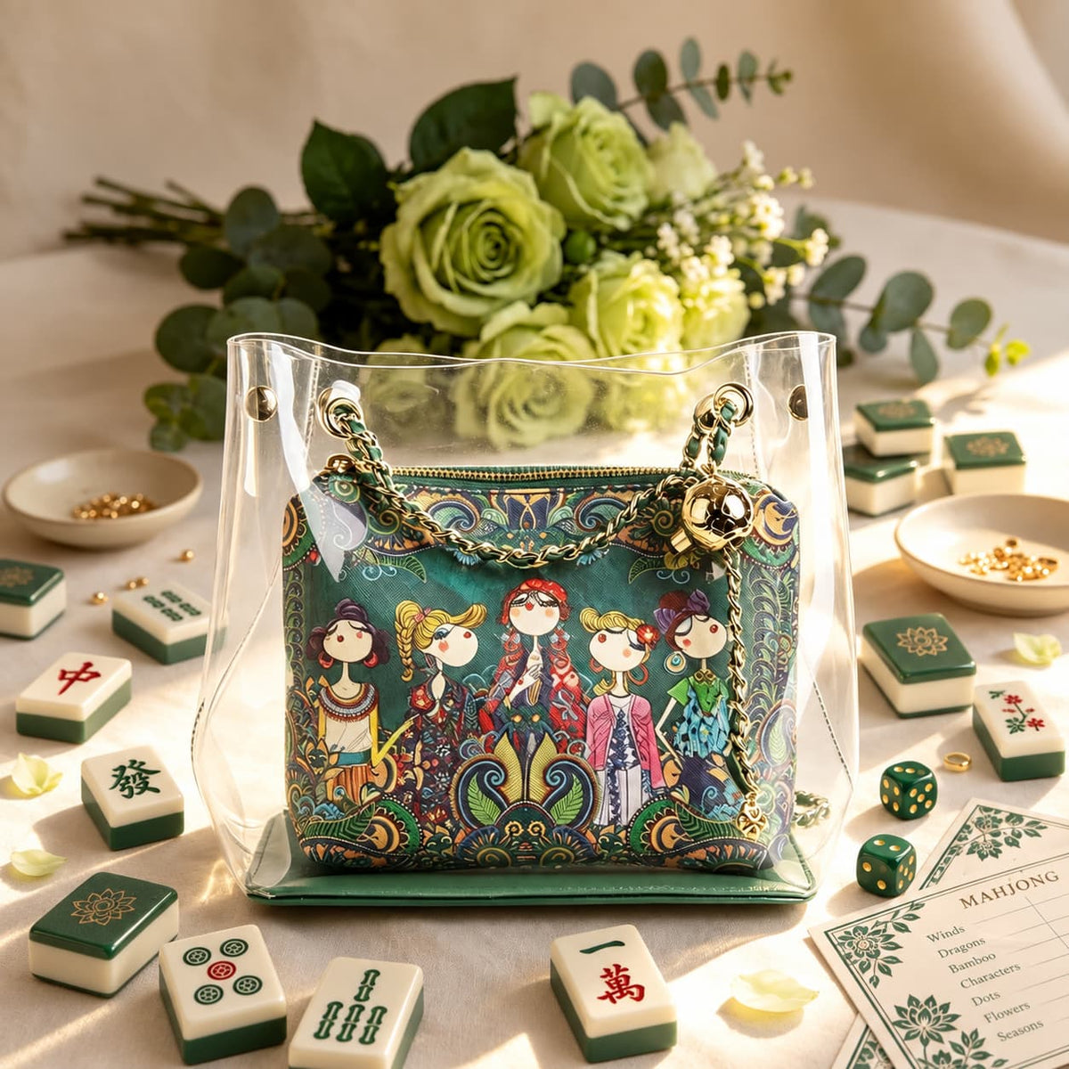 Mahjong Storage Bag Two-Piece Set, Clear Green Jelly Style Organizer for Game Night, Birthday and Christmas Gift