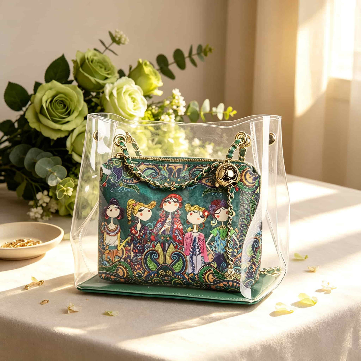 Mahjong Storage Bag Two-Piece Set, Clear Green Jelly Style Organizer for Game Night, Birthday and Christmas Gift