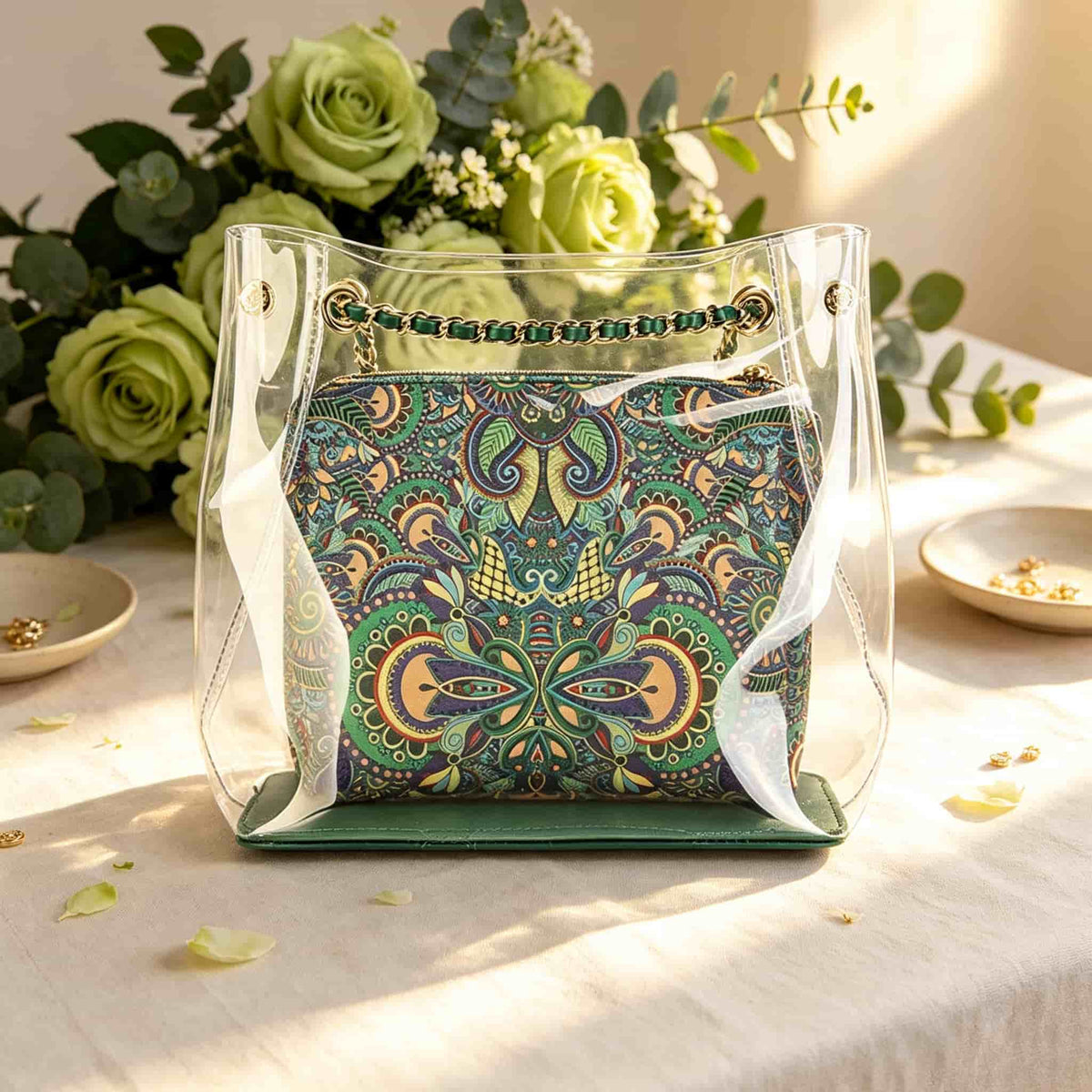 Mahjong Storage Bag Two-Piece Set, Clear Green Jelly Style Organizer for Game Night, Birthday and Christmas Gift