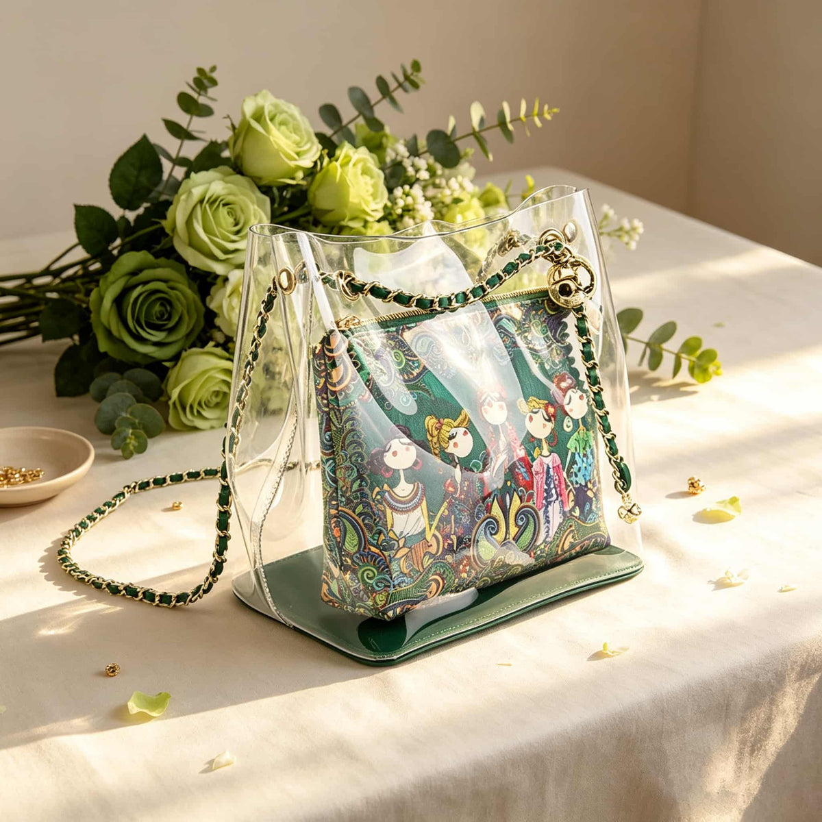 Mahjong Storage Bag Two-Piece Set, Clear Green Jelly Style Organizer for Game Night, Birthday and Christmas Gift
