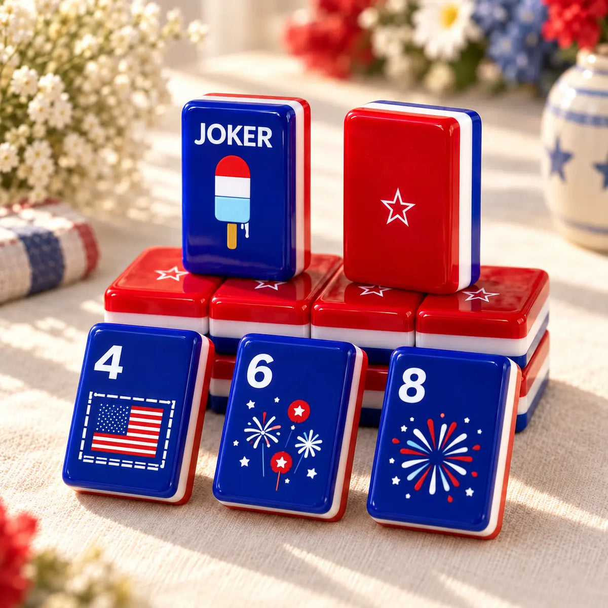 Mahjong Set, Mini Acrylic Set, American style, Red and Blue Acrylic Mahjong Tiles with Flag and Star Designs, Birthday or Christmas Gift for