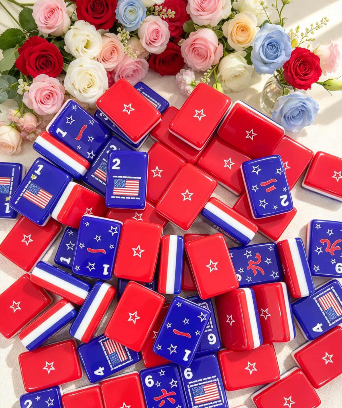 Mahjong Set, Mini Acrylic Set, American style, Red and Blue Acrylic Mahjong Tiles with Flag and Star Designs, Birthday or Christmas Gift for