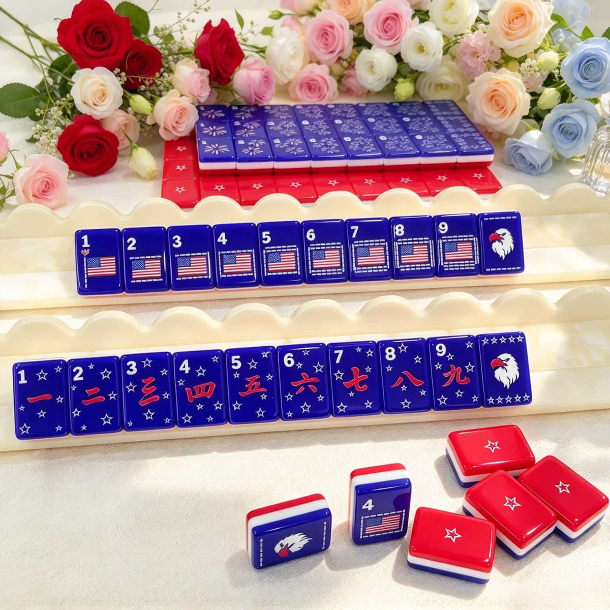 Mahjong Set, Mini Acrylic Set, American style, Red and Blue Acrylic Mahjong Tiles with Flag and Star Designs, Birthday or Christmas Gift for