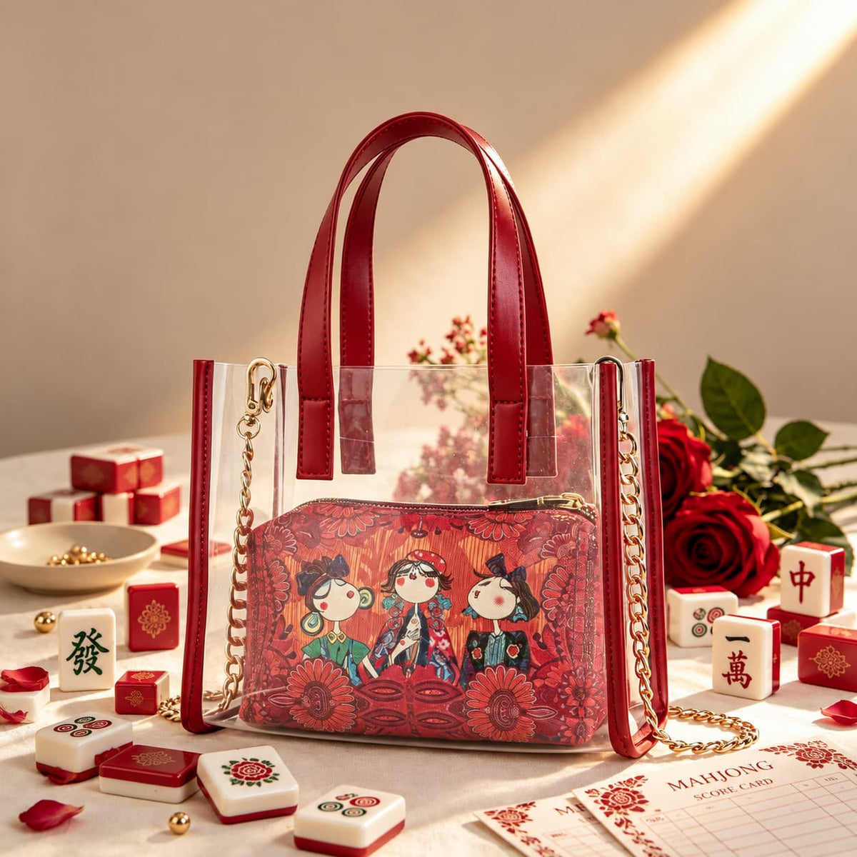 Storage Bag, Mahjong Bag, Mahjong Set, Red Transparent PVC Jelly Handbag for Game Night, Birthday or Christmas Gift for Mahjong Player
