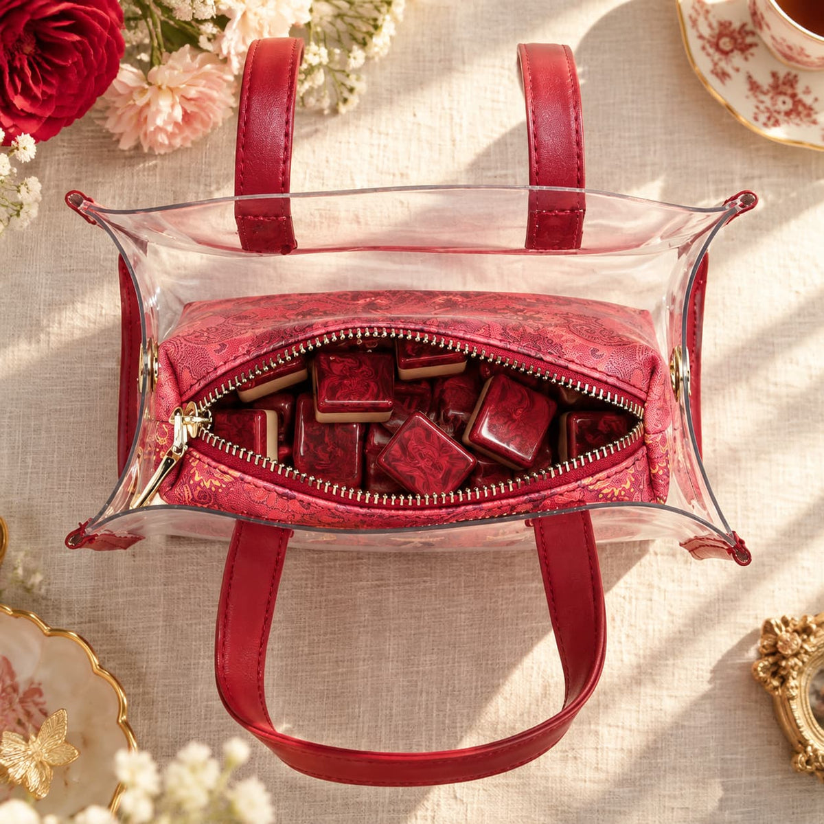 Storage Bag, Mahjong Bag, Mahjong Set, Red Transparent PVC Jelly Handbag for Game Night, Birthday or Christmas Gift for Mahjong Player