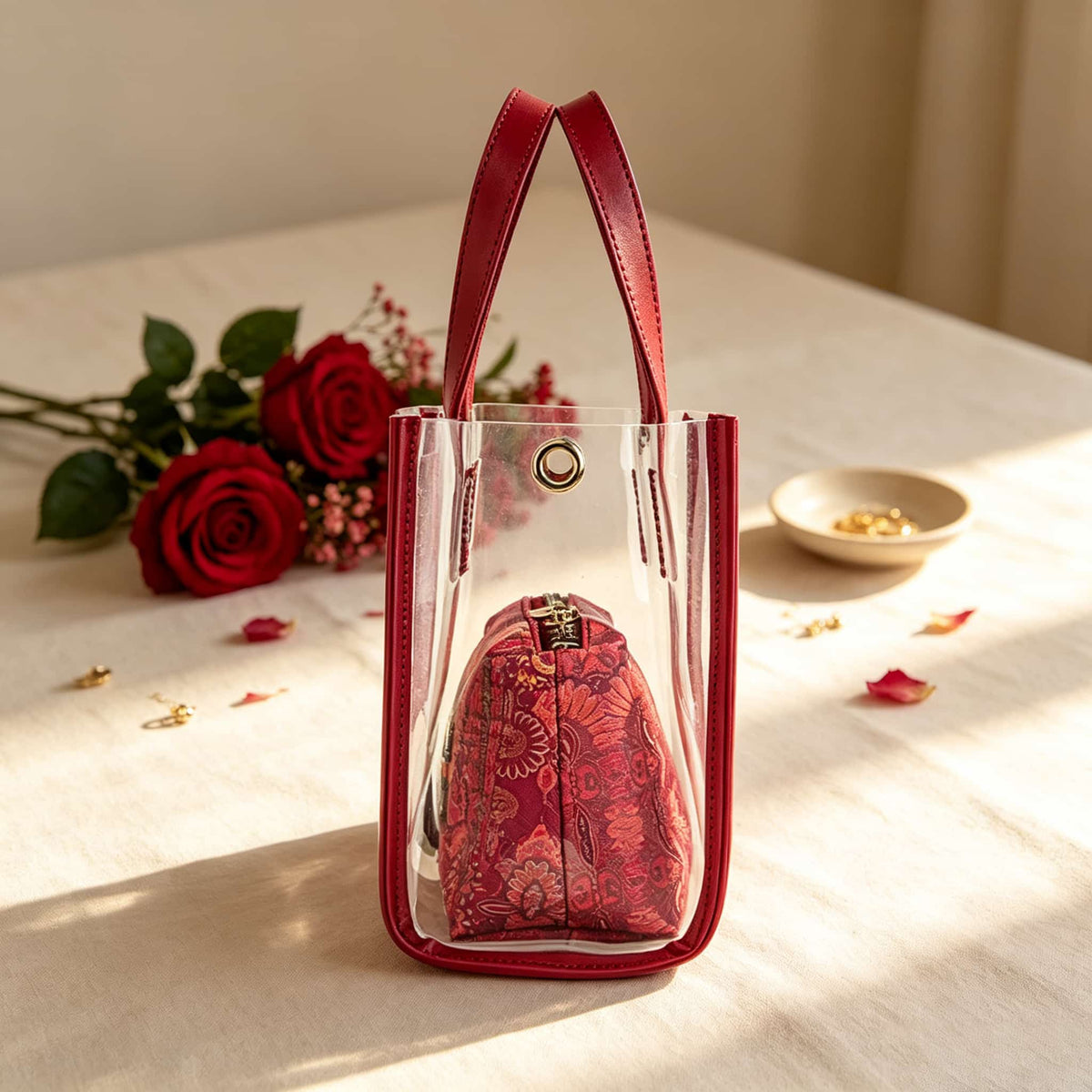 Storage Bag, Mahjong Bag, Mahjong Set, Red Transparent PVC Jelly Handbag for Game Night, Birthday or Christmas Gift for Mahjong Player