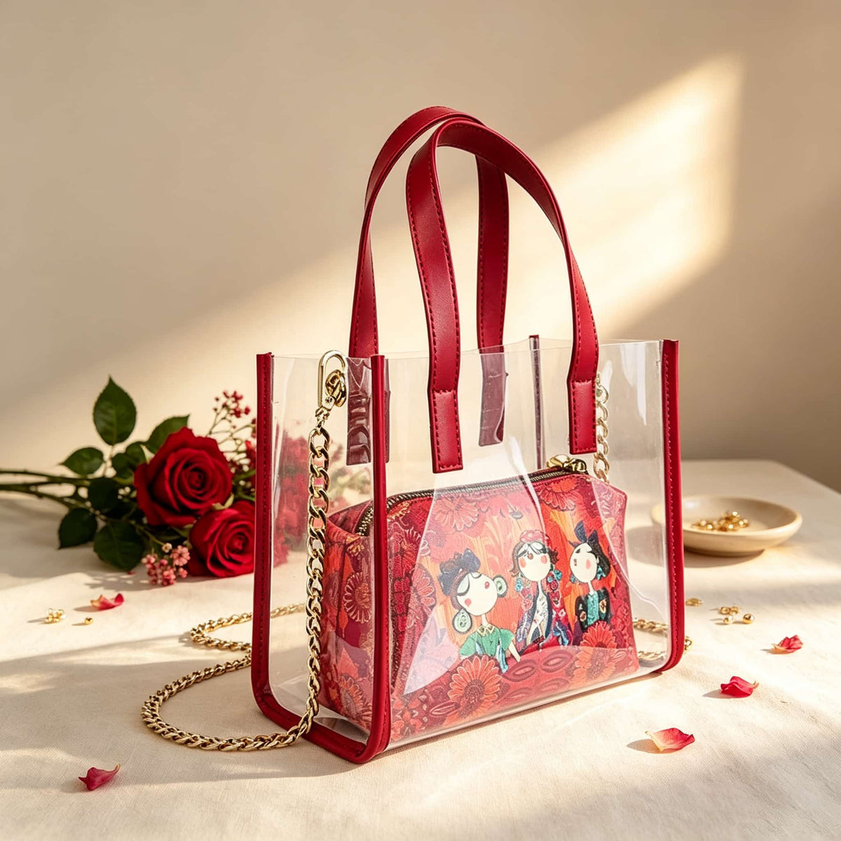 Storage Bag, Mahjong Bag, Mahjong Set, Red Transparent PVC Jelly Handbag for Game Night, Birthday or Christmas Gift for Mahjong Player