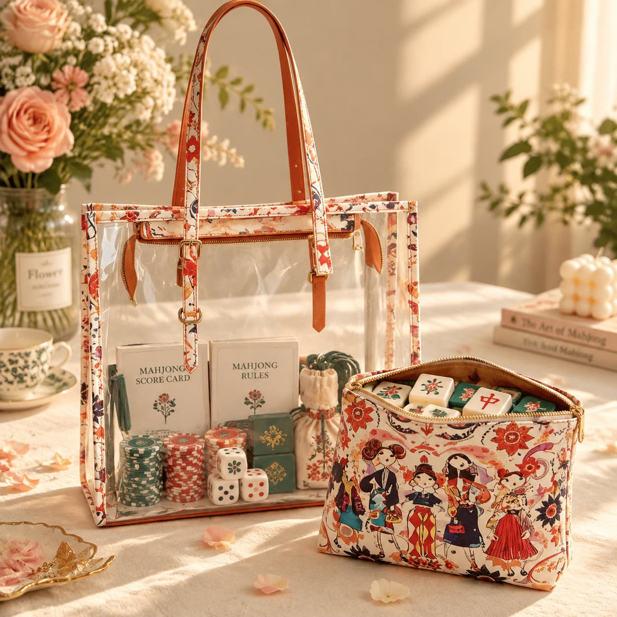 Storage Bag, Mahjong Bag, Mahjong Set, Clear Orange Floral Jelly Style Tote for Game Night, Birthday or Christmas Gift