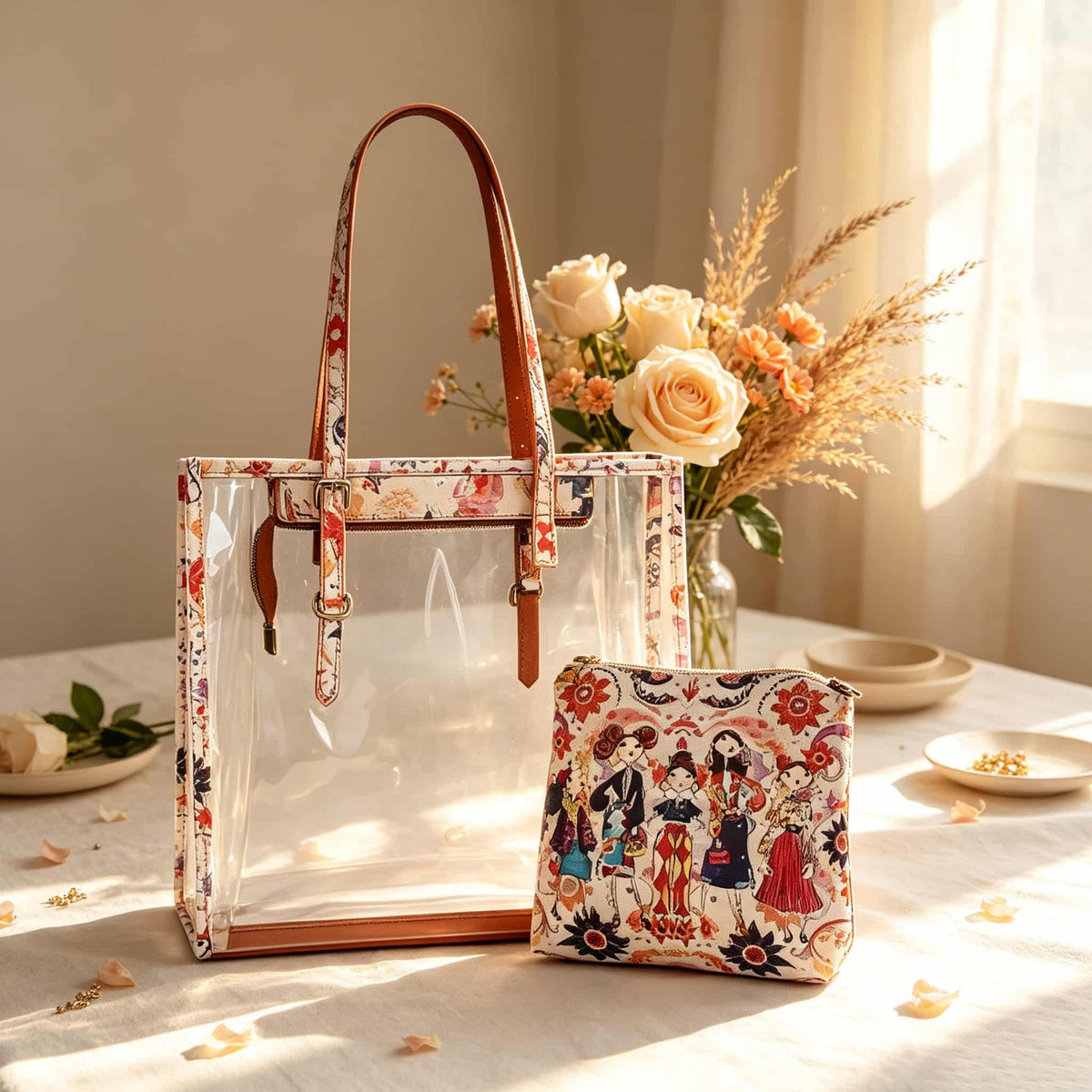 Storage Bag, Mahjong Bag, Mahjong Set, Clear Orange Floral Jelly Style Tote for Game Night, Birthday or Christmas Gift