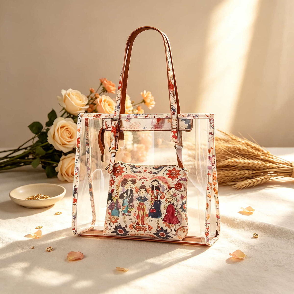 Storage Bag, Mahjong Bag, Mahjong Set, Clear Orange Floral Jelly Style Tote for Game Night, Birthday or Christmas Gift