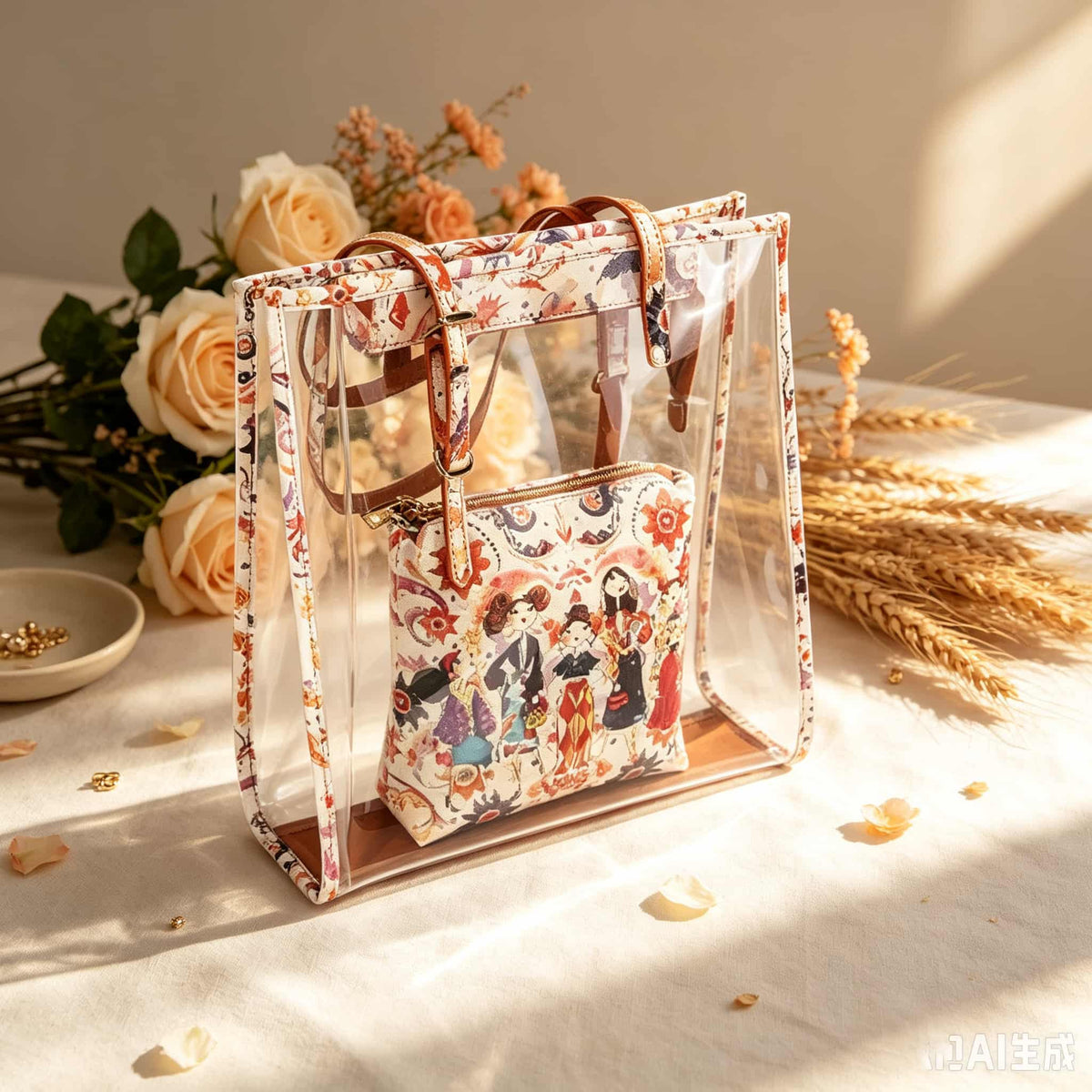 Storage Bag, Mahjong Bag, Mahjong Set, Clear Orange Floral Jelly Style Tote for Game Night, Birthday or Christmas Gift