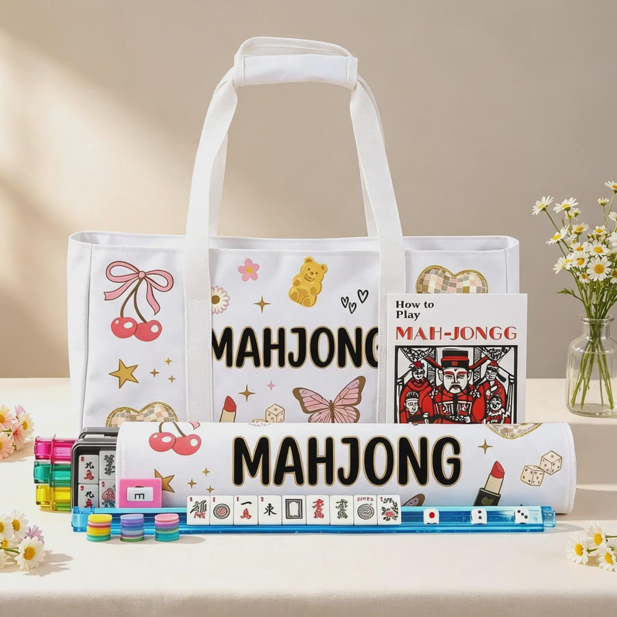 Mahjong Storage Bag Set, 3-Piece Canvas Carrying Bag with Tile Pouch and Rack Bag