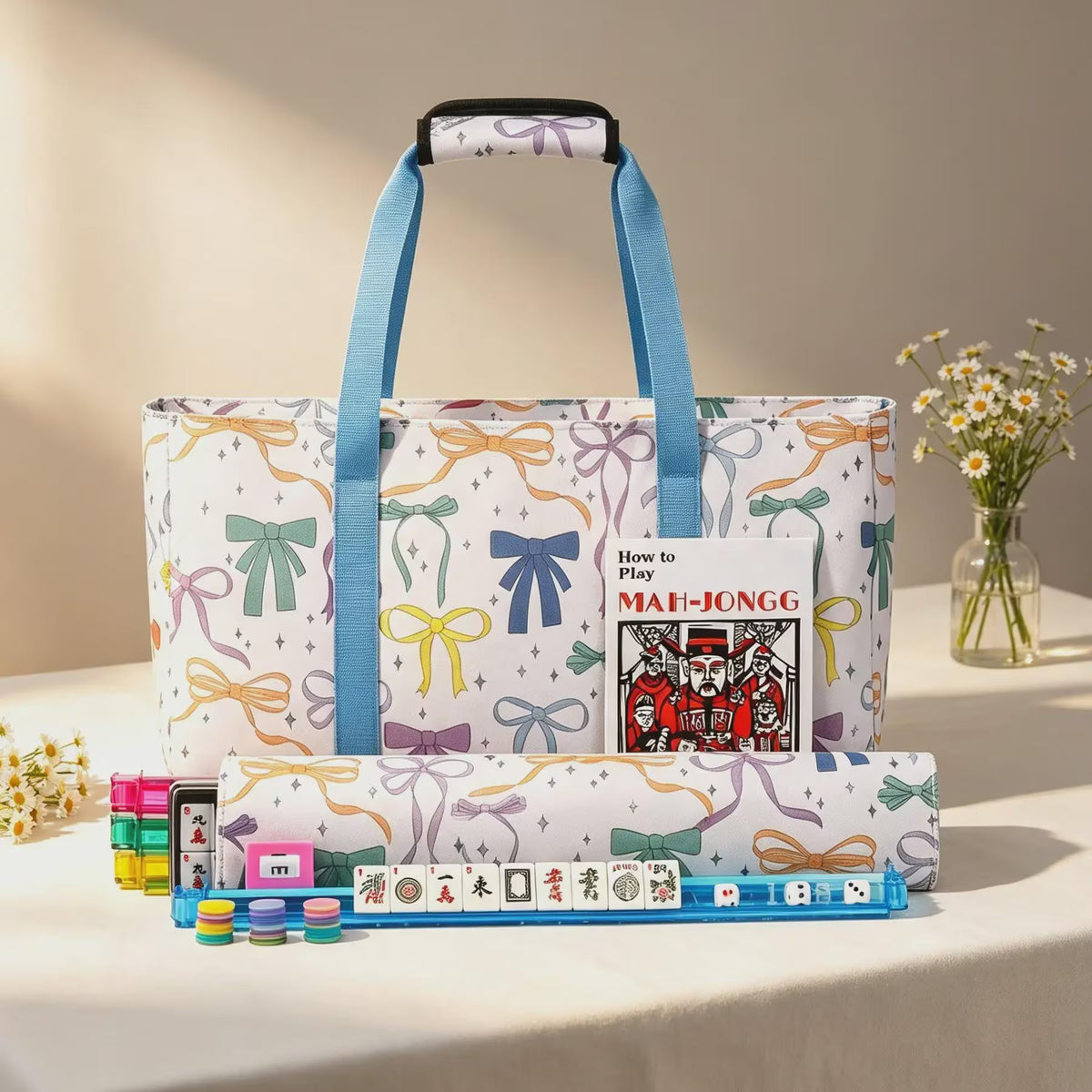 Mahjong Storage Bag Set, 3-Piece Canvas Carrying Bag with Tile Pouch and Rack Bag