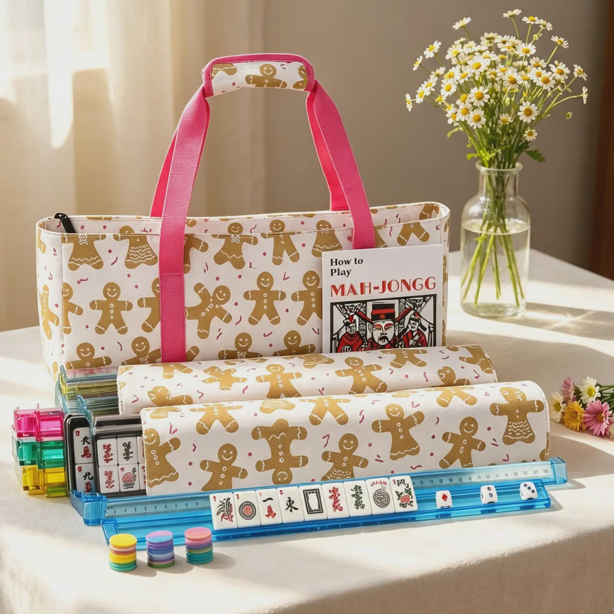 Mahjong Storage Bag Set, 3-Piece Canvas Carrying Bag with Tile Pouch and Rack Bag