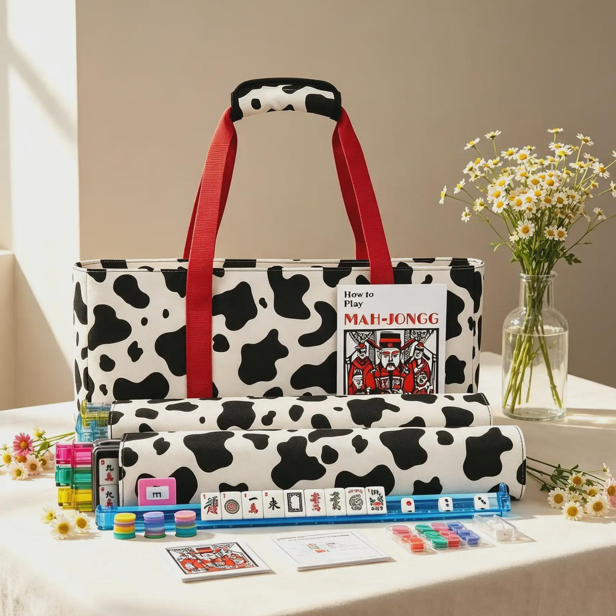 Mahjong Storage Bag Set, 3-Piece Canvas Carrying Bag with Tile Pouch and Rack Bag