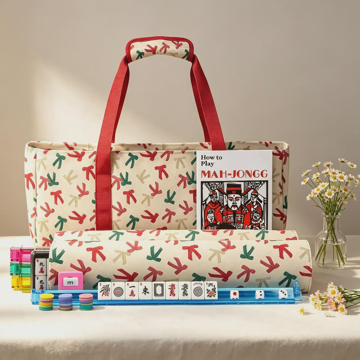 Mahjong Storage Bag Set, 3-Piece Canvas Carrying Bag with Tile Pouch and Rack Bag