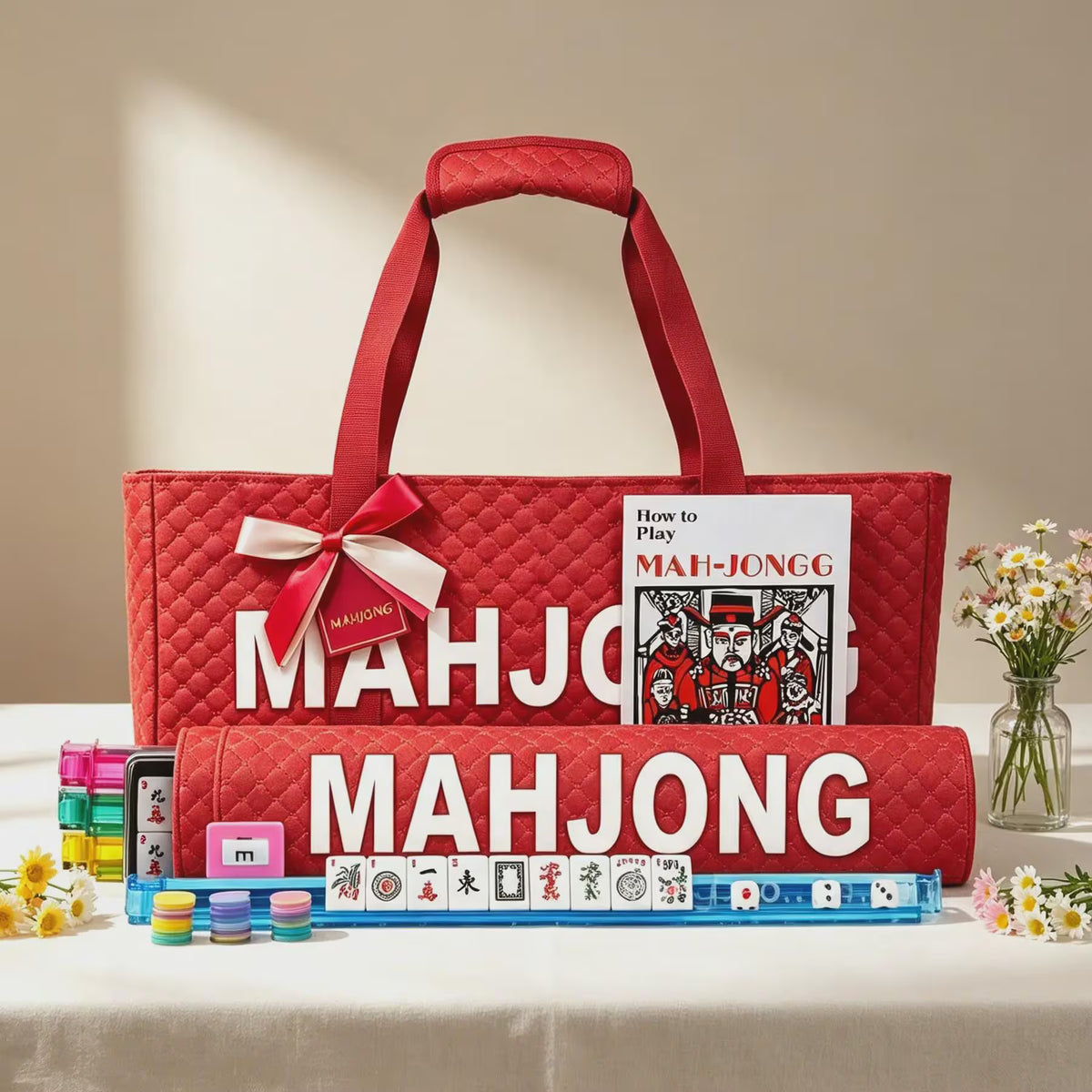 Mahjong Storage Bag Set, 3-Piece Canvas Carrying Bag with Tile Pouch and Rack Bag