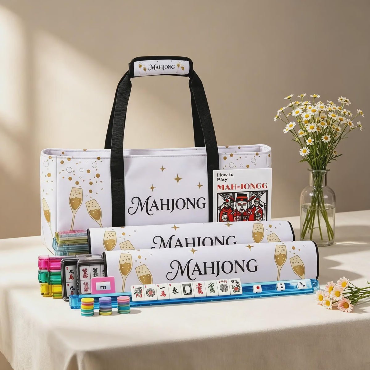 Mahjong Storage Bag Set, 3-Piece Canvas Carrying Bag with Tile Pouch and Rack Bag